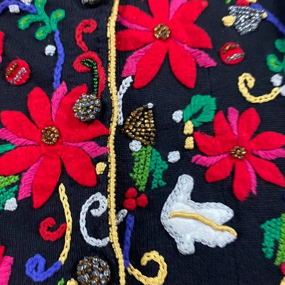Vintage 90s Michael Simon Embroidered Cardigan Sweater Women's XL Poinsettia - Picture 4 of 10